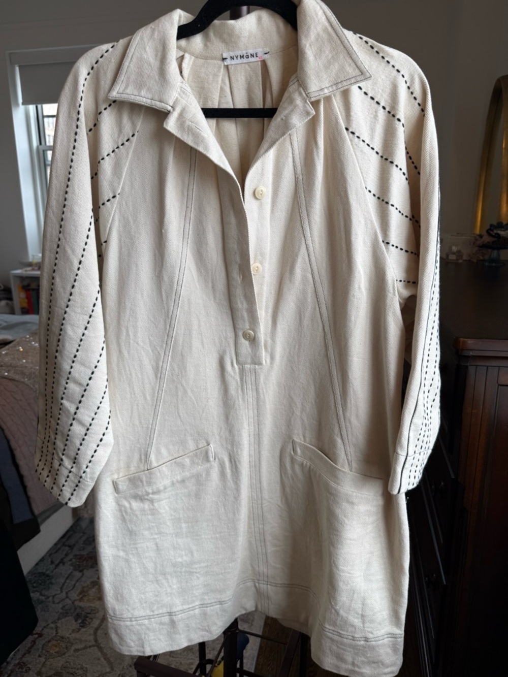 Nymane Cream Button Front Tunic with Dot-Trim Sleeves